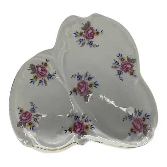 Limoges France Porcelain Triangular Trinket Dish Paul & Co Floral Gold Trim