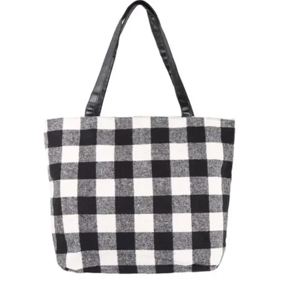 NWT Buffalo White Flannel Leather Plaid Tote Shoulder Travel Shopping Bag Black
