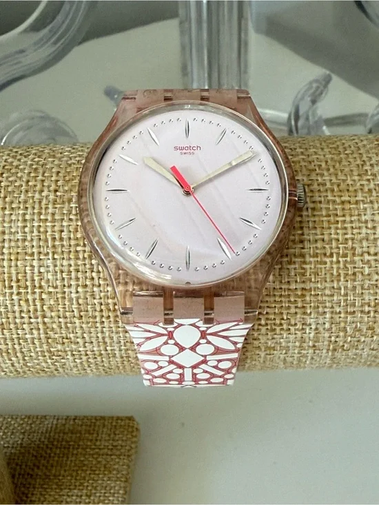 Swatch Pink Translucent Case with Patterned White and Pink Strap Watch