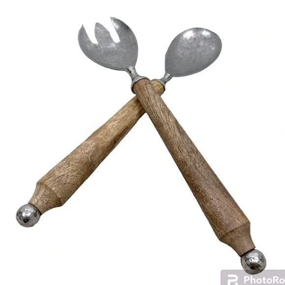 Hammered Metal Salad Serving Set Fork Spoon Wood Handle