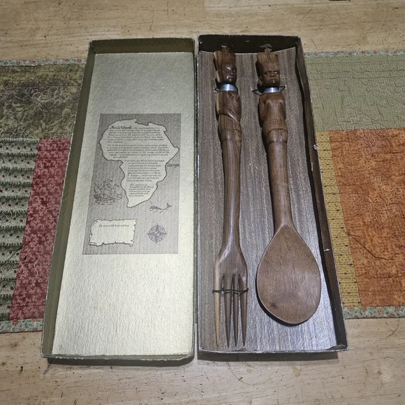 Hand Carved African Tribal Wooden Teak Serving Utensils 15” Set
