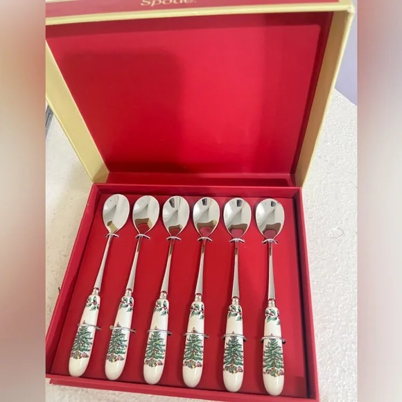 Spode Christmas Tree Porcelain & Stainless‎ Steel 6 Inch Teaspoons, Set of 6