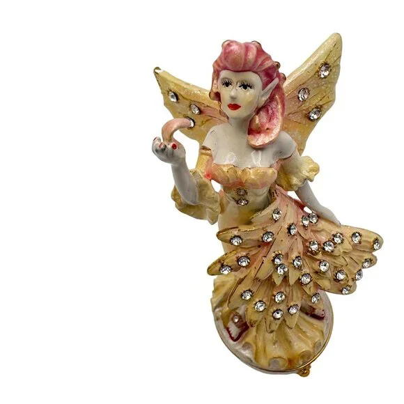 Flamingo Fairy Trinket Box Yellow Wings  Rhinestone Accents Enamel Metal #2