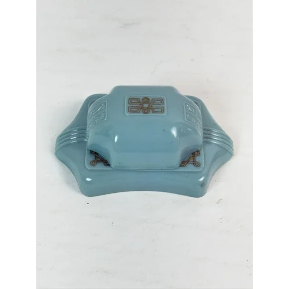 Vintage Dennison Blue Plastic Ring Box Art Deco Velvet Jewelry Case USA