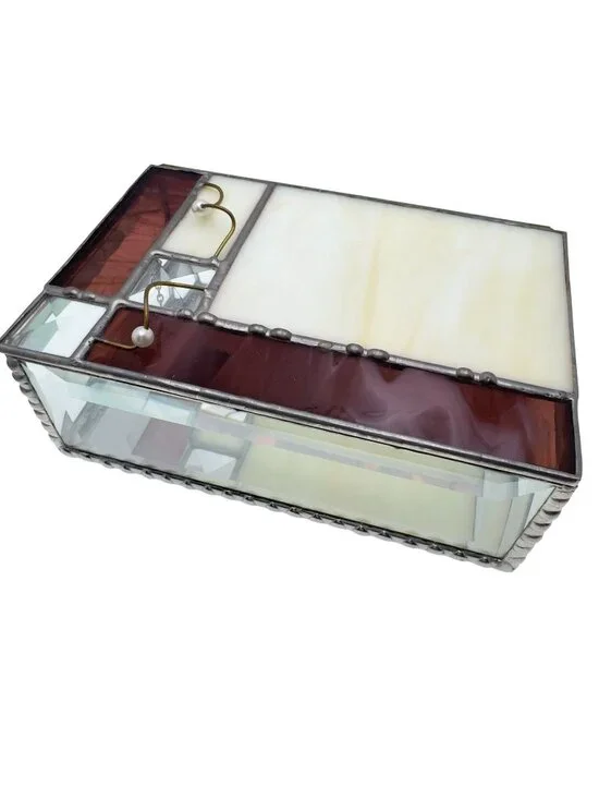 Stained Glass Trinket Jewelry Box Geometric Purple Clear Panels 6.5