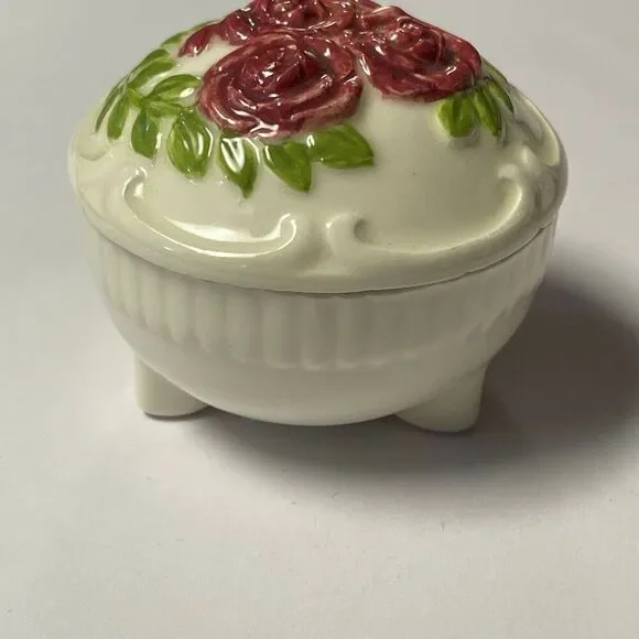Vintage porcelain trinket box raised roses footed Victorian antique style shabby