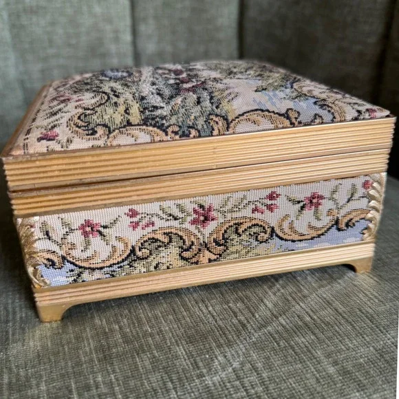 Vintage Tapestry Music Jewelry Box Gold Tone Floral Landscape Velvet Works