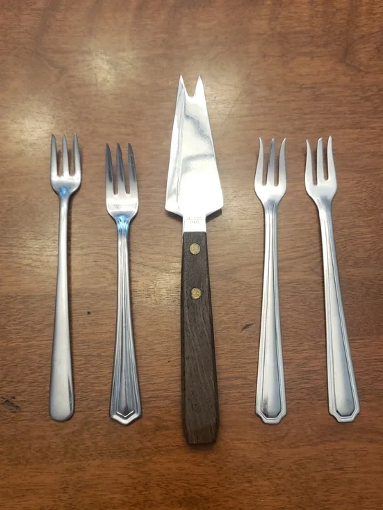 Vtg Stainless Steel Appetizer Forks and Cheese Knife Set (5 Pcs Total)