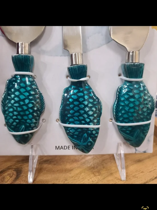 3pc Blue Fish Cheese Knives For Charcutterie Appetizers Tapas Coastal Beach New