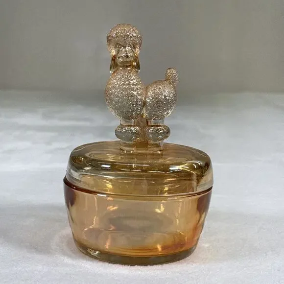 Vintage Jeanette Glass Iridescent Peach Lustre Poodle Dresser Box 6 1/2