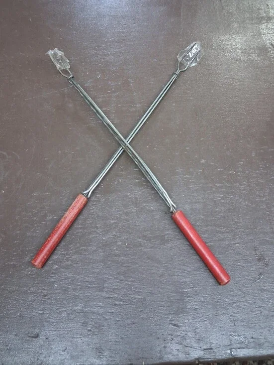 Pair of 2 Vintage metal Red Adjustable Hot Dog Skewer Fork Campfire Wood Handles