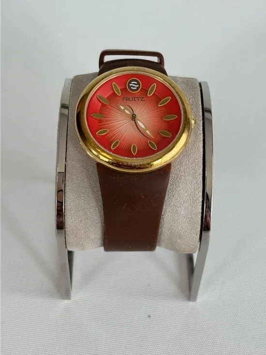 Philip Stain Fruitz wrist watchRed Dial Gold-Tone Fashion Watch with Brown Strap