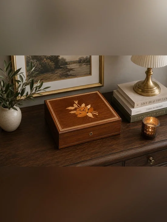 Vintage Brazilian Marquetry Jewelry Box Floral Wood Inlay Velvet Lined
