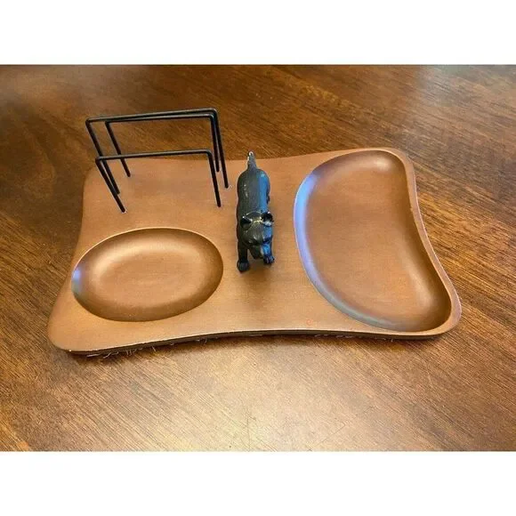 MEN'S WOOD VALET DRESSER TOP ORGANIZER W/ DOG STATUE MADE IN JAPAN
