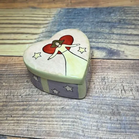 Russ Berrie Angel Painted Heart Shaped Ceramic‎ Trinket Jewelry Box Harmony