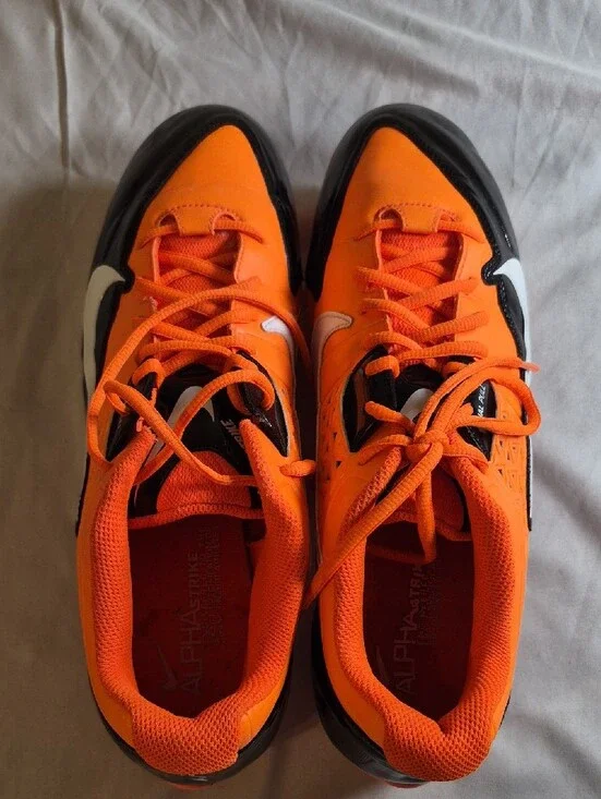 Nike Alpha Orange and Black Low-Top Baseball Cleats with White Swoosh Size 14