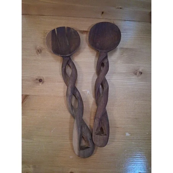 Vintage Twisted Wooden Salad Servers Utensils 12