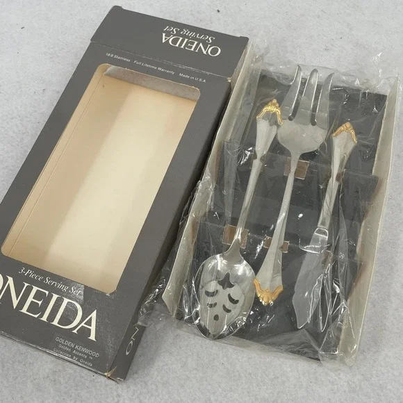 Oneida Golden Kenwood 3 Piece Serving Set Stainless Gold Accent Vintage 1987 USA
