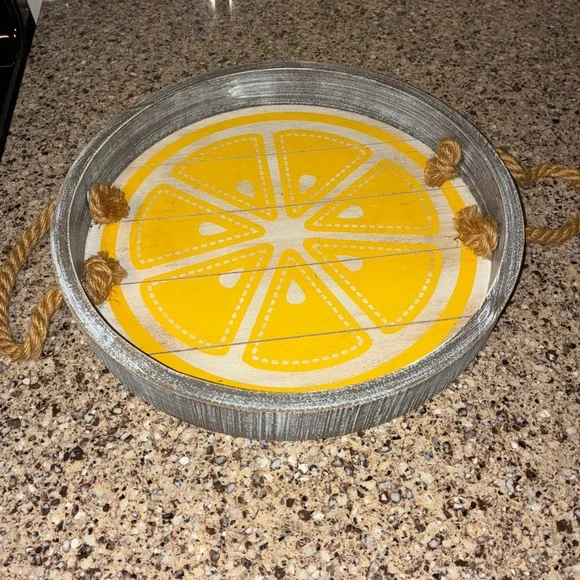 Round Lemon Slice Serving Tray with Rope Handles Adams & Co.