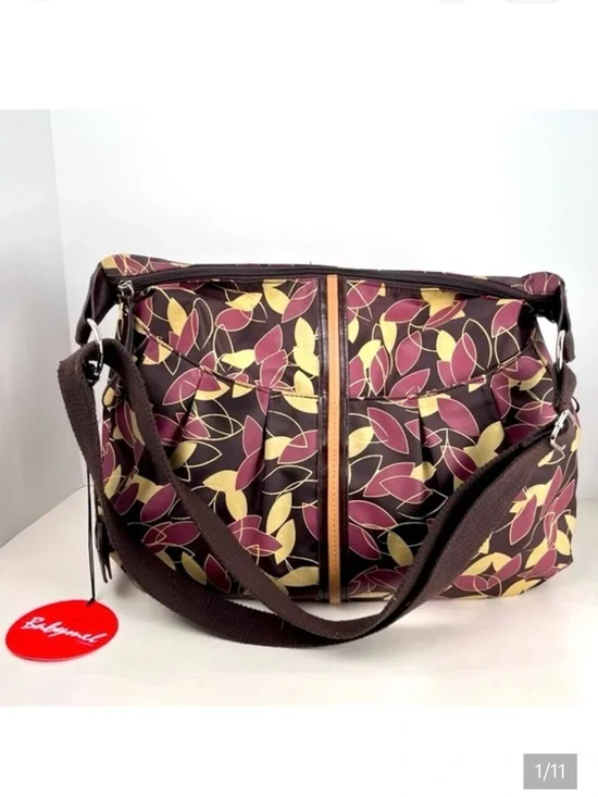 Babymel Brown Diaper Bag with Yellow and Burgundy Leaf Print