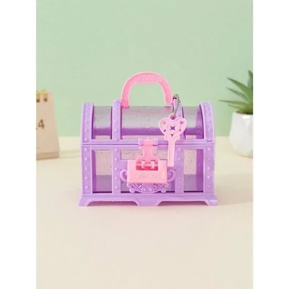 Purple Treasure Box & Key Girls Kids Organizer Plastic Jewelry Play Gift Cute