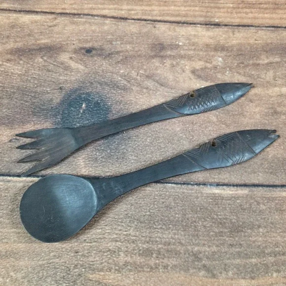 Salad Serving Set Home 12.5in Dark Wood Excellent Fish Hand Carved