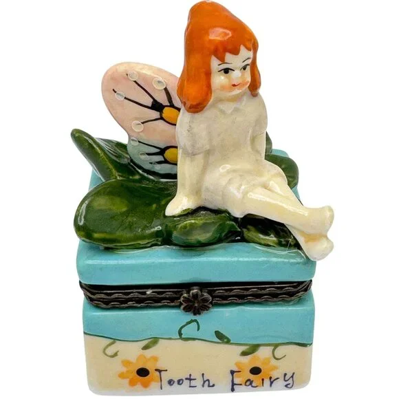 Tooth Fairy VtgTrinket Box with Green Leaves Figurine 3.25