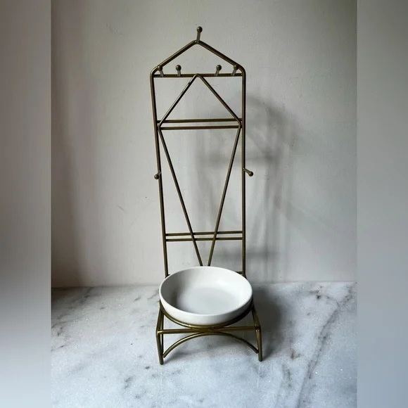 Elegant Gold Metal jewelry Stand, display , holder with ceramic Bowl