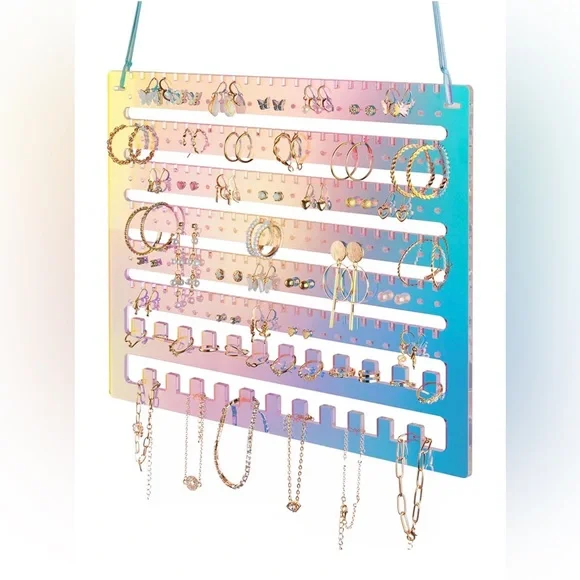 Iridescent Acrylic Jewelry Organizer | Wall Earring Holder with Necklace Hooks