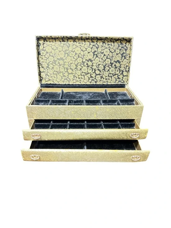 Vintage 1960s Gold Brocade Black Velvet Lined Lady Buxton Four Level Jewelry Box