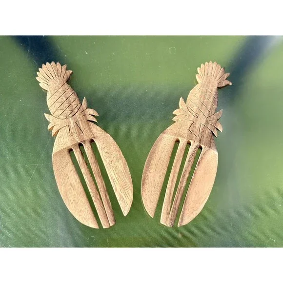 Pair of Acacia Wooden Pineapple Shaped Carved Salad Hands Server Hand Carved