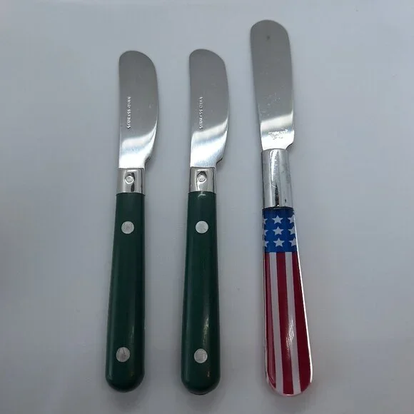 Lot of 3 Vintage‎ Stainless Steel Butter Spreaders Forest Green & American Flag