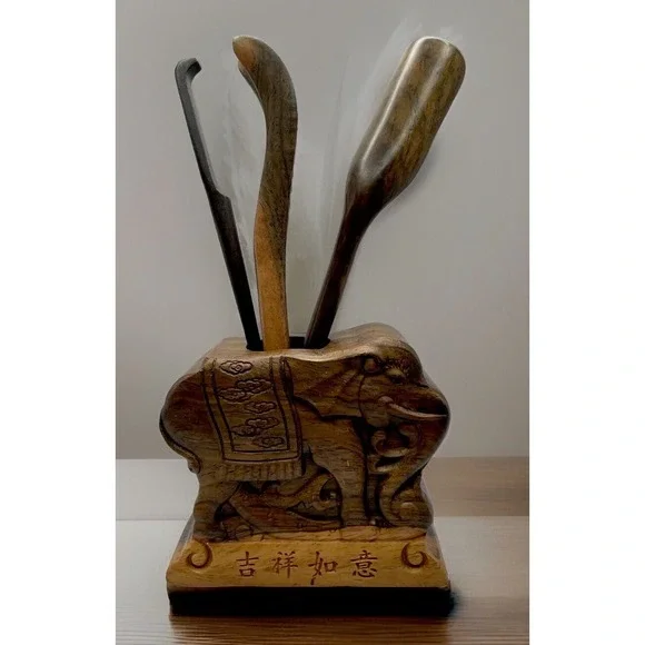 4pc Chinese Cha Dao‎ Ceremony Set with Wood Utensils & Elephant Holder