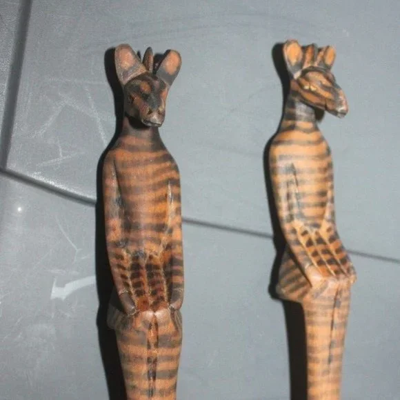 Unique Rare Carved Detailed wooden salad fork & spoon server striped animal …