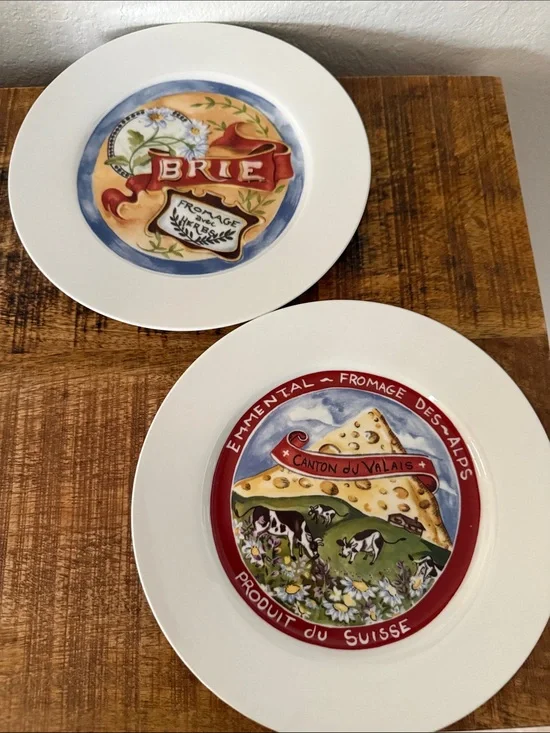 White Ceramic Cheese-Themed bread Plate duo- Red & Blue Accents