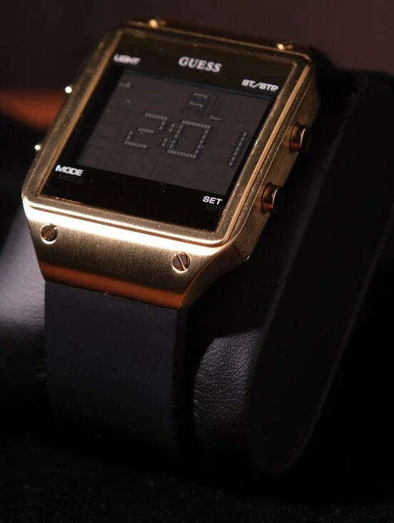 Guess Radar W0595G3 Gold Tone Digital Watch Black Silicone Strap