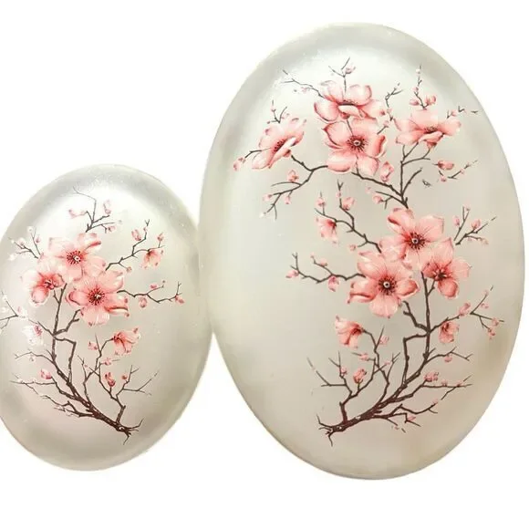 Cherry Blossom Trinket Box‎ Set Satin Glass Gold Tone Trim Hinged Top Vintage
