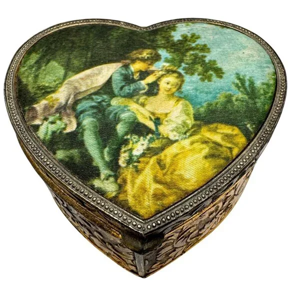 Schmid Bros Vtg Heart-Shaped Metal Trinket Box Silk Art Lid 