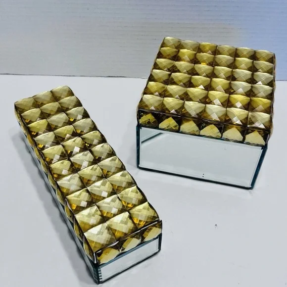 Z Gallerie Stella Lot 2 Gold Studded Jewelry Trinket Box Mirror Textured Square