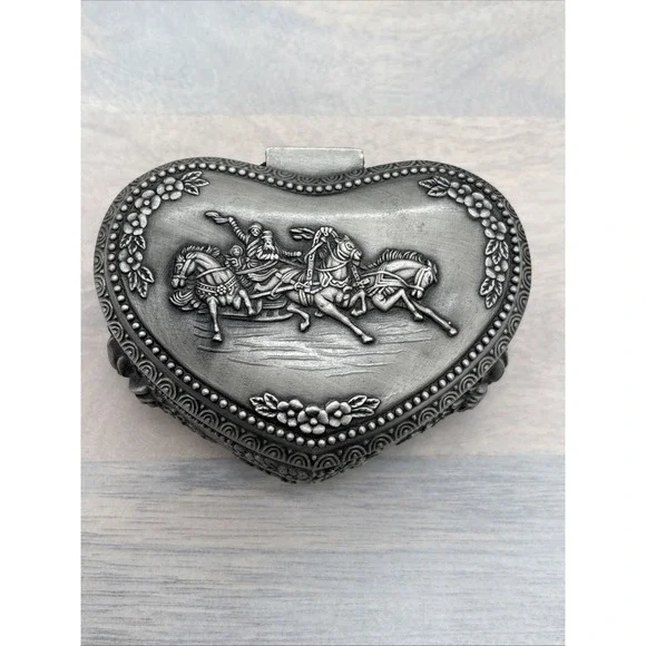 Pewter Heart Shaped Jewelry Box Horses‎ Flowers Trinket from Dubai