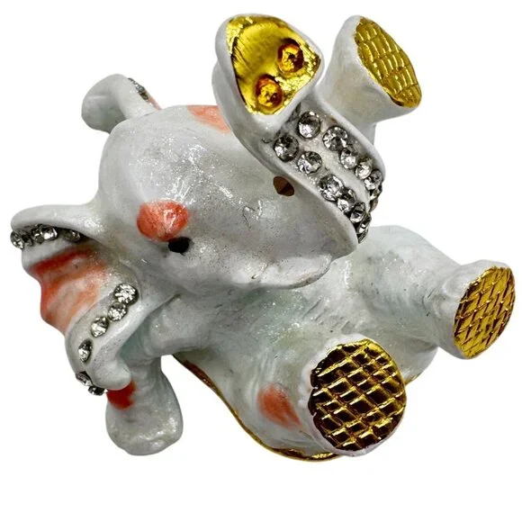 Bejeweled Enamel Hinged Trinket Box White & Gold Playful Elephant Rhinestones