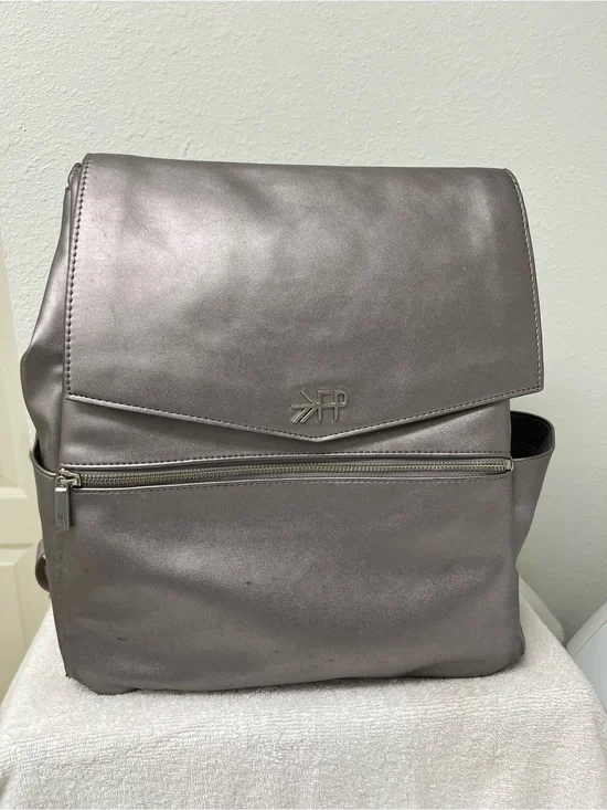 Freshly Picked Metallic Silver Solid Backpack Diaper Bag w/ Changing Pad, Straps