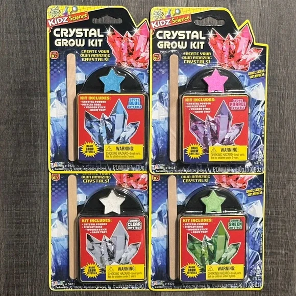 New Set of 4 Kidz Science Crystal Growing Kits in Blue, Green, Purple, & Clear