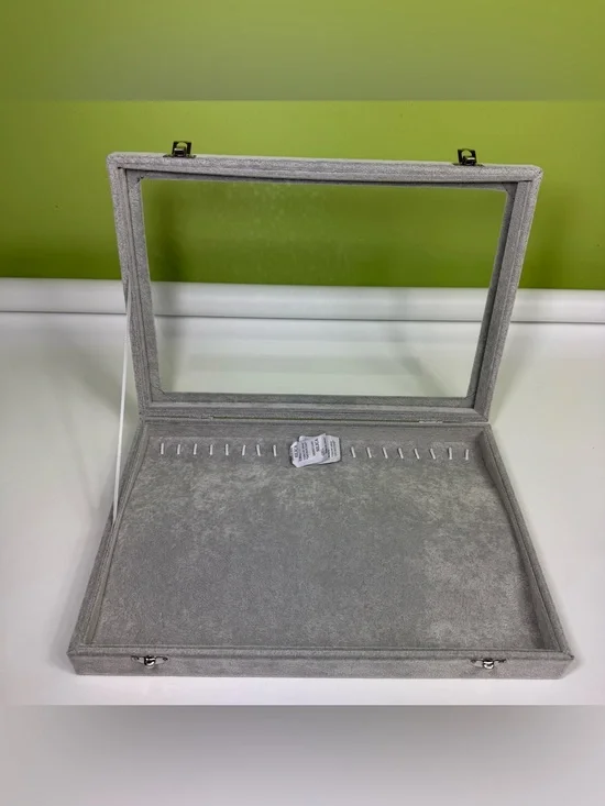 gray velvet jewelry organizer transparent glass lid metal latch closures