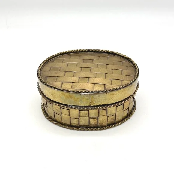 Vintage Brass Woven Basket Trinket Jewelry Box Decorative Container‎ Oval