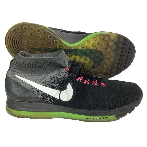 Nike Zoom All Out Flyknit Men's 8.5 Black White Volt Mid Running Shoe 844134-002