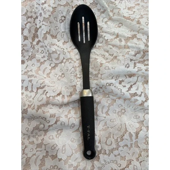 T-fal Plastic Slotted Serving Spoon w/ Rubber Feeling Handle Black‎ and Silver