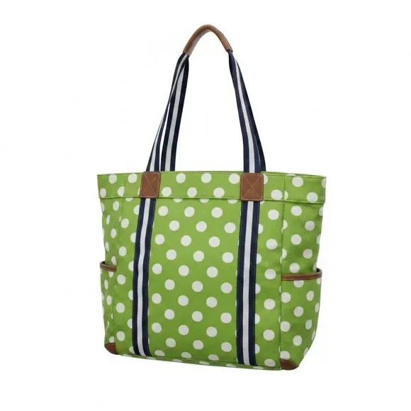 Pottery Barn Kids Diaper Bag Tote Green White Polka Dot Canvas Striped