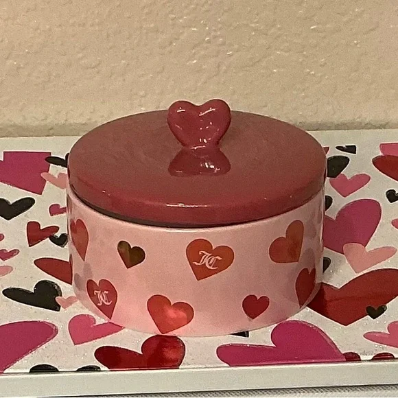Juicy Couture Heart Patterned Pink Ceramic Trinket Box with Lid