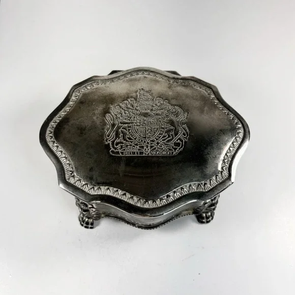 Vintage Lion's Creat Hinged Lid Red Velvet Lined Trinket Box